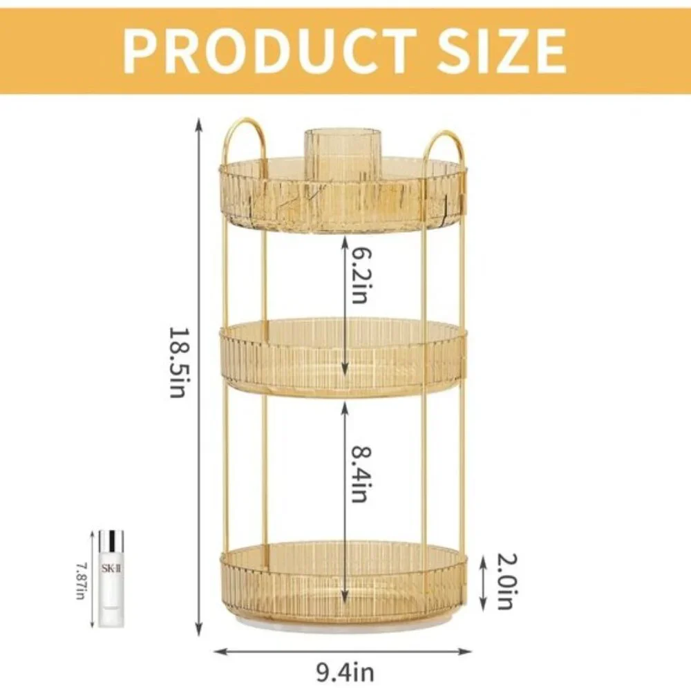 New 360° Rotating Makeup Organizer, Large 3-Tier Cosmetic & Skincare Storage
